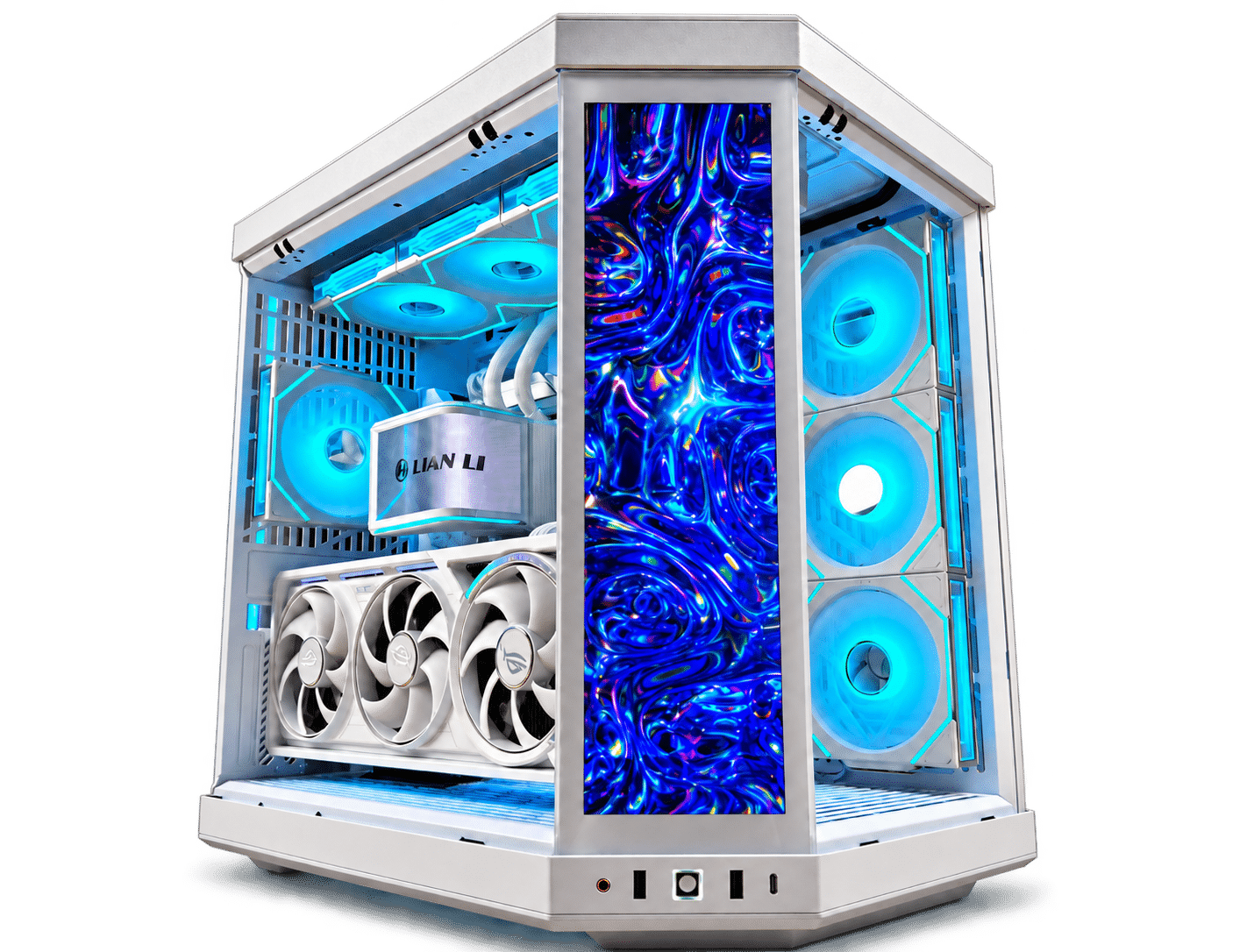 Custom gaming PC by CPUBLD — white dual-chamber case with RGB fans and liquid cooling