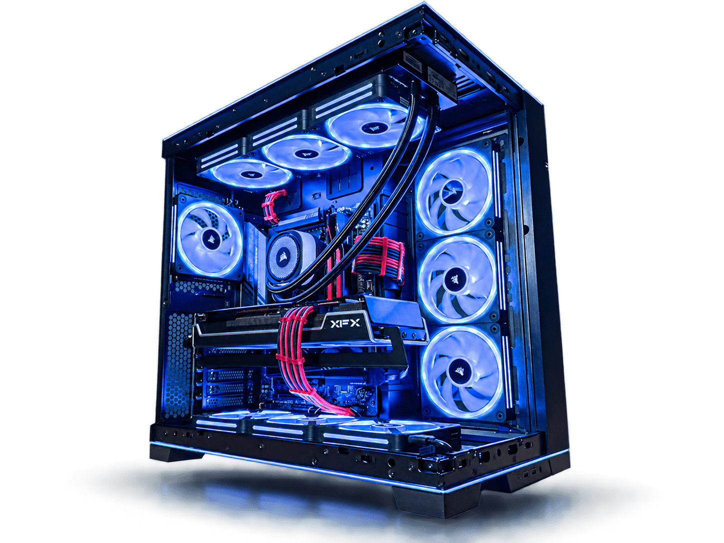 Custom PC builder — hand-built gaming PC with blue RGB fans